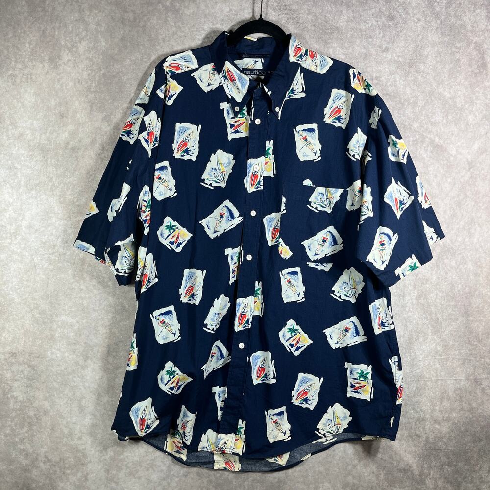 Nautica Shirt Mens XL Navy Blue Button Down Short Sleeve Beach Nautical Vacation